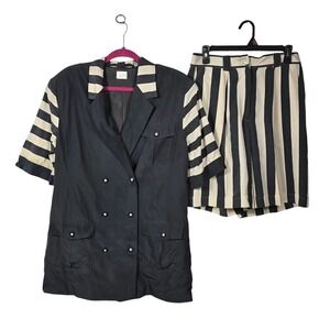Vintage Apart 100% Silk 2 Piece Set Blazer & Shorts Gray Cream Striped Nautical